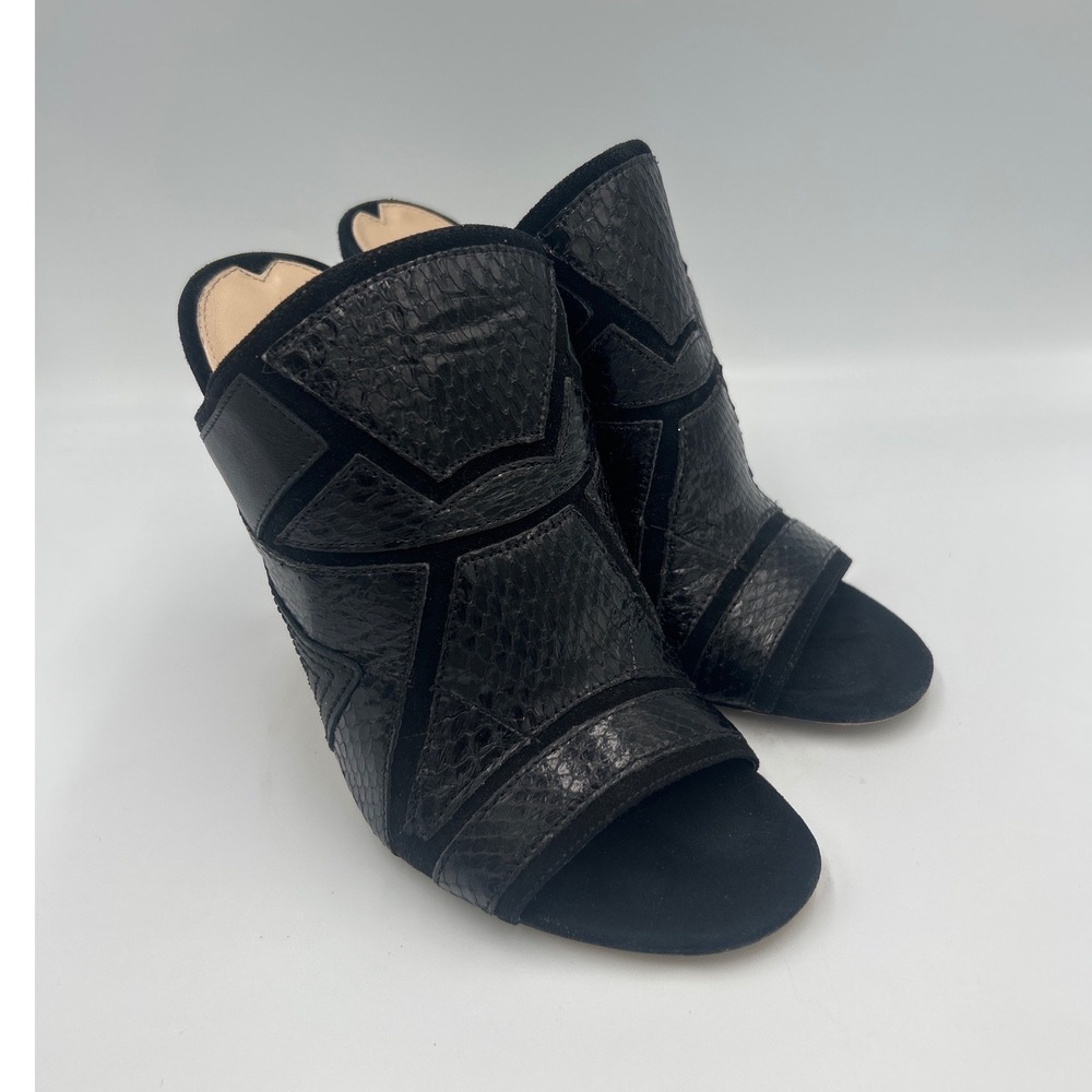 Via Spiga Black Leather Suede Snakeskin Patchwork Open Toe Mules Heels Size 9 - Picture 2 of 7